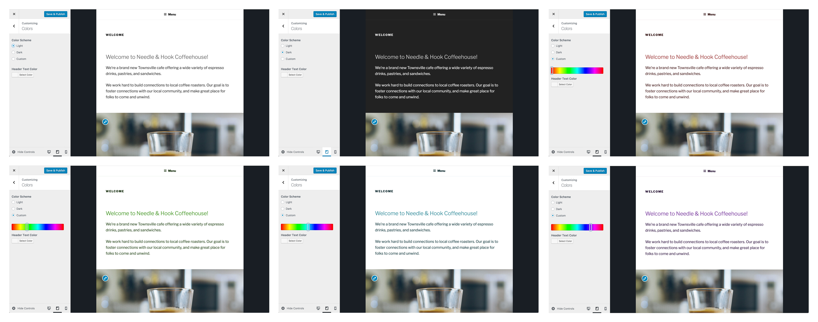 Six screenshots that show the color schemes in the Customizer: Light, dark and custom color hues.