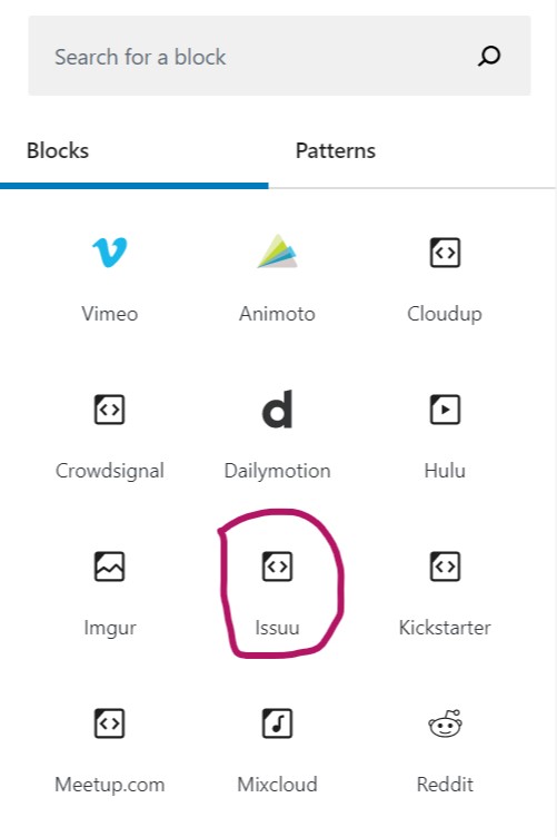 Insert the Issuu Embed Block with Block Inserter