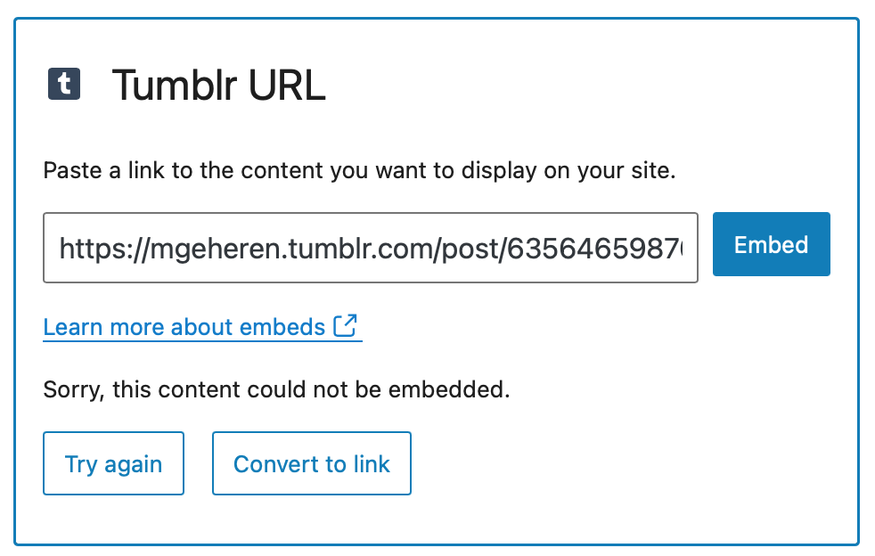 Example of a URL that cannot be embedded. Two options are presented, try again or convert to link.