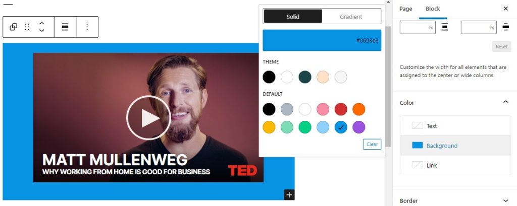 Editor view of a TED video embed as a group with Color Settings controls