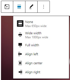 Alignment options for the TED block: wide width, full width, align left, align center, and align right.