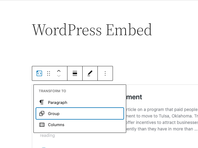 How to transform the WordPress embed to other block