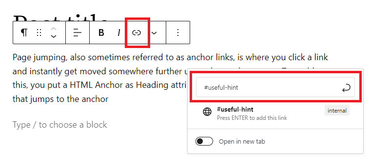 How to add a link that jumps internally on the page to an HTML anchor.