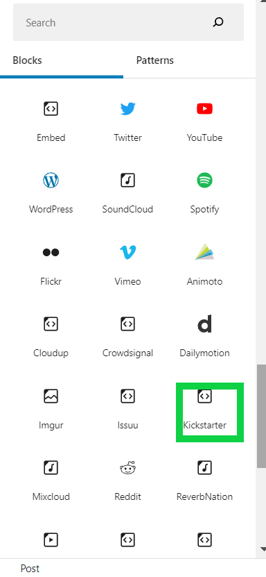 Kickstarter option in the WordPress block list.