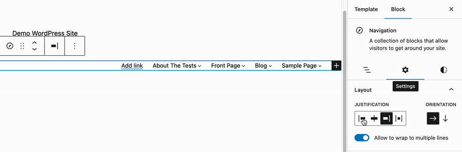 How to change the justification of the different items inside a Navigation Block