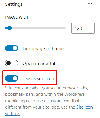 The use as site icon option for the site logo block