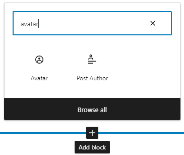 Using the block inserter to add the avatar block