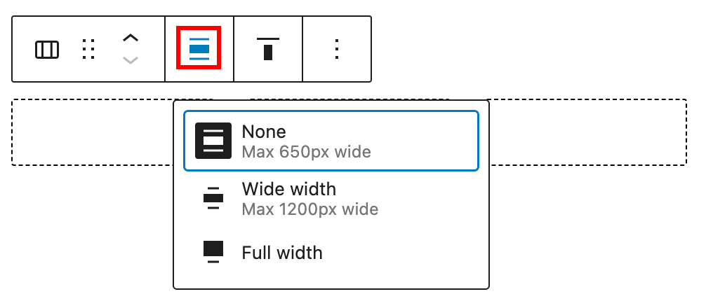 The alignment tools on the columns block toolbar