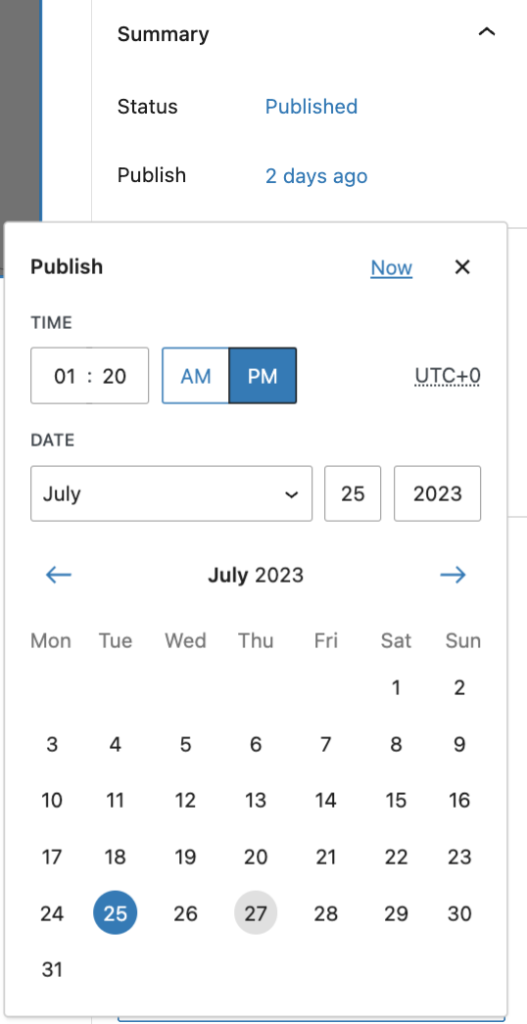 The publish option displays input fields for date and time.