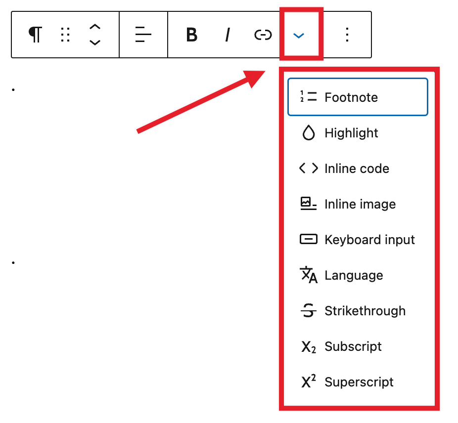 Block Toolbar for the paragraph block with an emphasis on the "more rich text options" drop down.