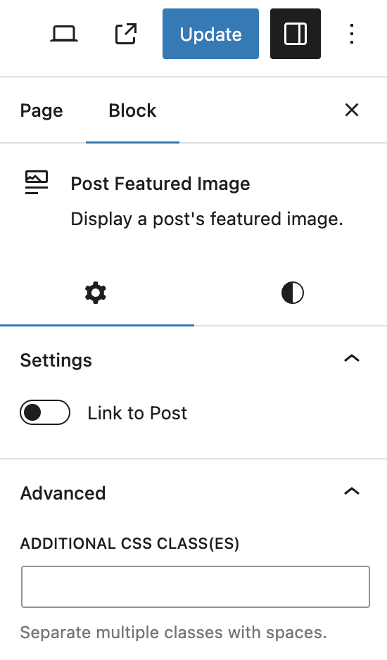 Block Settings in the Post Featured Image block