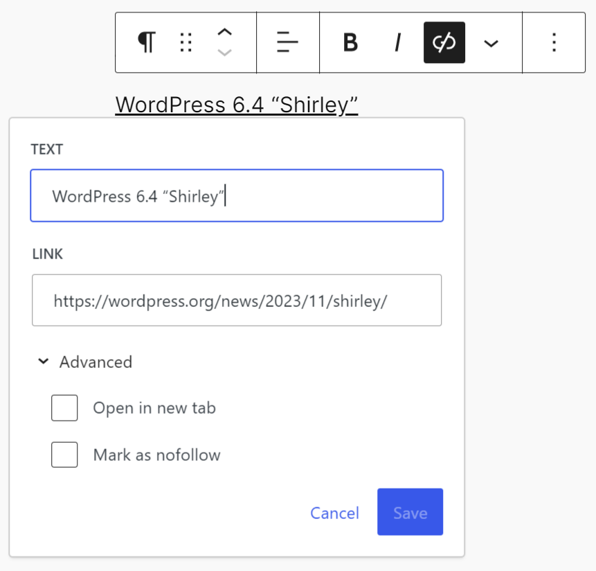 Link editing panel with the advanced options displayed